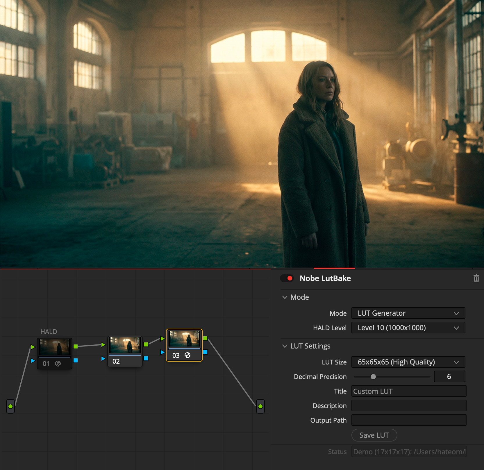 Nobe LutBake in DaVinci Resolve — node graph and plugin settings